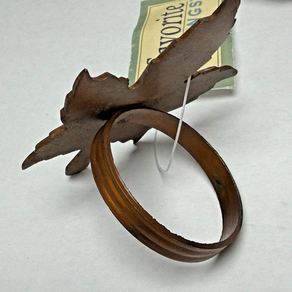 9 Favorite Things Copper White Washed Maple Leaf Napkin Rings w/Ribbed Loops New